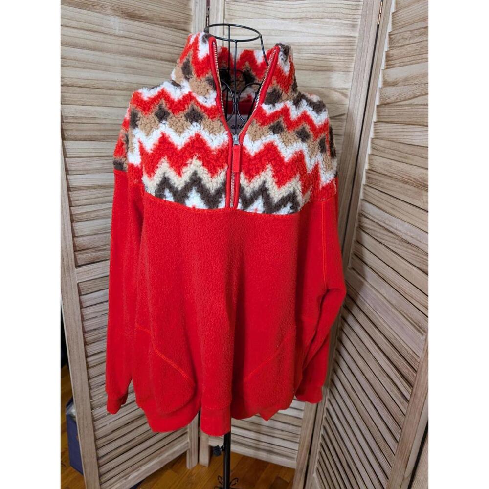 Aerie Hometown Holiday Quarter Zip Sweatshirt Red Sherpa Tribal Sz M